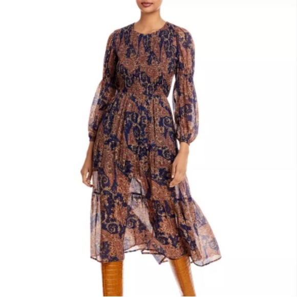 NWT Aqua Paisley Smocked Midi Dress - Picture 1 of 8